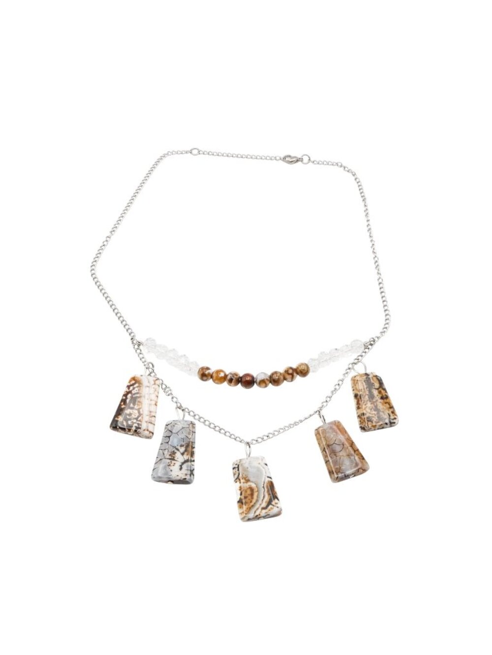 Crazy Lace Agate Necklace Silver Tone Chain Beaded Fringe 18”